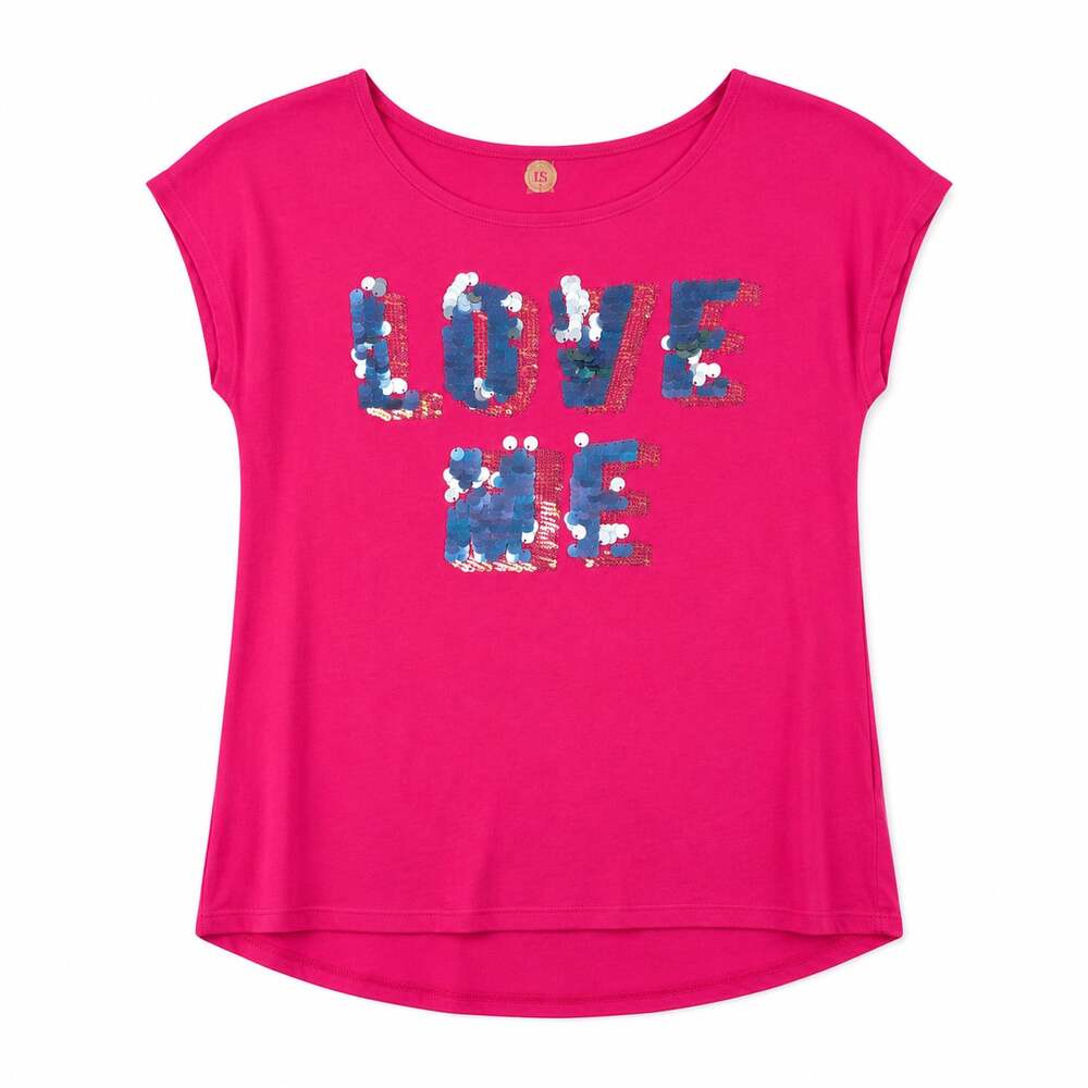 Total Girl Girls Hot Pink Short Sleeve Sequin 'LOVE ME' Graphic T-Shirt Size XL